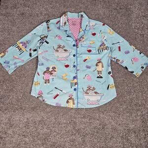 Nick & Nora Pajama Shirt Womens Large Blue Sock Monkey Top Button Up AOP